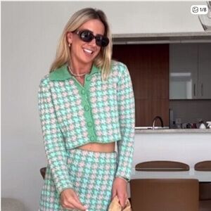 NWT, ZARA, Houndstooth Knit Cardigan In Green